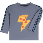 A toddler's long-sleeve t-shirt in slate blue-gray, featuring a graphic of a lightning bolt made from a slice of pepperoni pizza on the chest, with dark blue checkered patterns down both sleeves, shown on a plain white background.