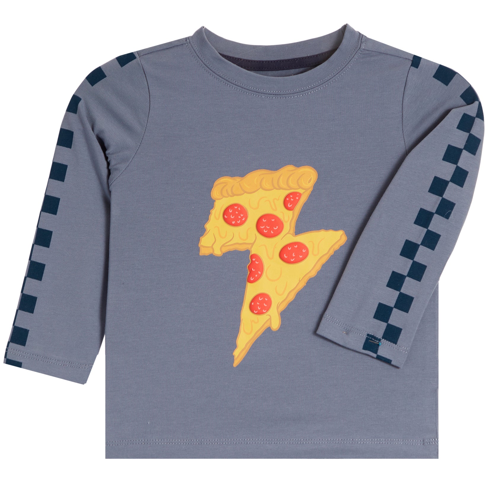 A toddler's long-sleeve t-shirt in slate blue-gray, featuring a graphic of a lightning bolt made from a slice of pepperoni pizza on the chest, with dark blue checkered patterns down both sleeves, shown on a plain white background.