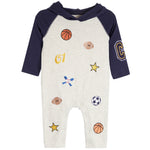 A baby hooded one-piece romper in light heather gray with navy blue raglan sleeves. The romper is decorated with sports-themed graphics including basketballs, footballs, a soccer ball, stars, a baseball bat, and the number '01'.