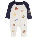 A baby hooded one-piece romper in light heather gray with navy blue raglan sleeves. The romper is decorated with sports-themed graphics including basketballs, footballs, a soccer ball, stars, a baseball bat, and the number '01'.