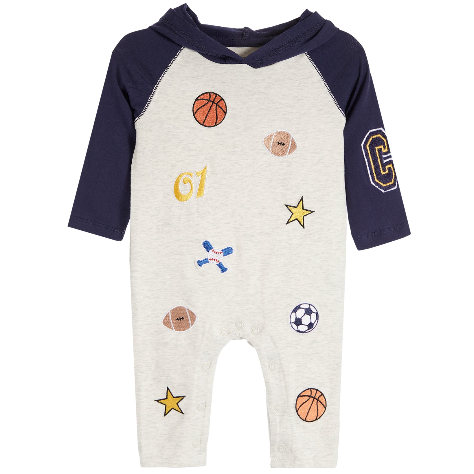 A baby hooded one-piece romper in light heather gray with navy blue raglan sleeves. The romper is decorated with sports-themed graphics including basketballs, footballs, a soccer ball, stars, a baseball bat, and the number '01'.
