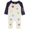 A baby hooded one-piece romper in light heather gray with navy blue raglan sleeves. The romper is decorated with sports-themed graphics including basketballs, footballs, a soccer ball, stars, a baseball bat, and the number '01'.