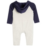 A baby long-sleeve hooded romper in heather light gray with dark navy blue hood and sleeves, shown against a plain white background.