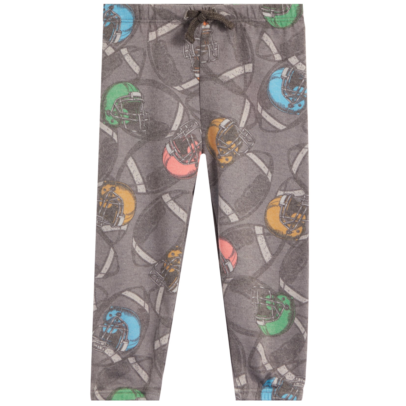 A pair of kids' gray fleece pants featuring an all-over football helmet print in multiple colors, complete with a drawstring waistband.