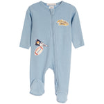 A light blue waffle-knit baby footed sleeper with a front zipper, featuring a 'Jackson Deps' patch on the chest and a football pennant patch on the leg, shown against a plain white background.