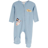 A light blue waffle-knit baby footed sleeper with a front zipper, featuring a 'Jackson Deps' patch on the chest and a football pennant patch on the leg, shown against a plain white background.