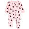 A pink footed sleeper with an all-over black heart pattern, featuring a front zipper and long sleeves and legs, shown on a plain white background.