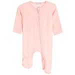 A light pink baby footed sleeper with a subtle gold bow pattern, featuring a front zipper and short sleeves, shown on a plain white background.