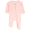 A light pink baby footed sleeper with a subtle gold bow pattern, featuring a front zipper and short sleeves, shown on a plain white background.