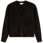 A black knit cardigan sweater with a V-neck, three-button front closure, and two front patch pockets, shown flat against a white background.
