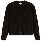 A black knit cardigan sweater with a V-neck, three-button front closure, and two front patch pockets, shown flat against a white background.