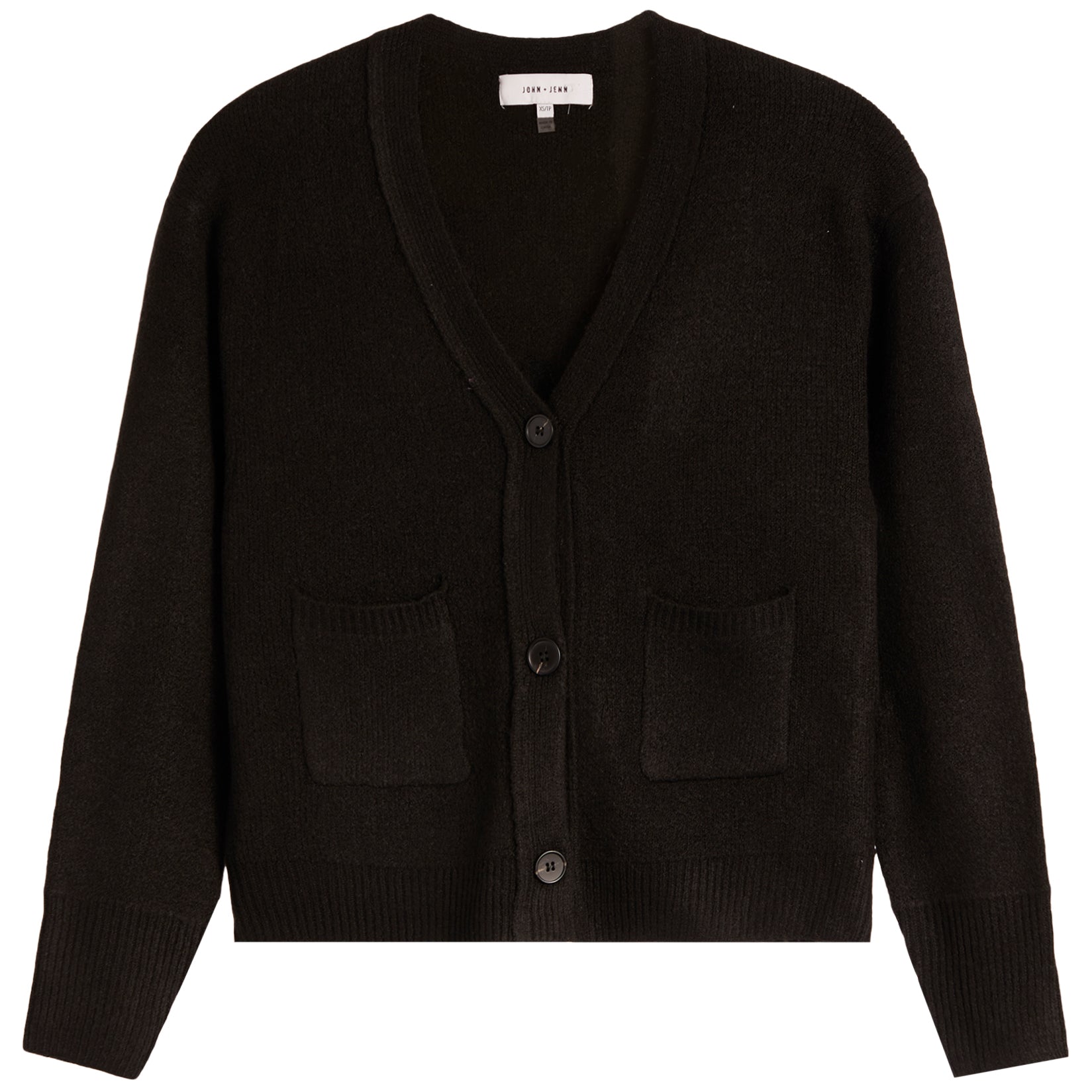 A black knit cardigan sweater with a V-neck, three-button front closure, and two front patch pockets, shown flat against a white background.