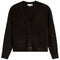 A black knit cardigan sweater with a V-neck, three-button front closure, and two front patch pockets, shown flat against a white background.