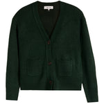 A green knit cardigan sweater with a V-neck, three-button front closure, and two front patch pockets, shown flat against a white background.