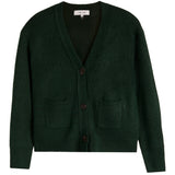 A green knit cardigan sweater with a V-neck, three-button front closure, and two front patch pockets, shown flat against a white background.