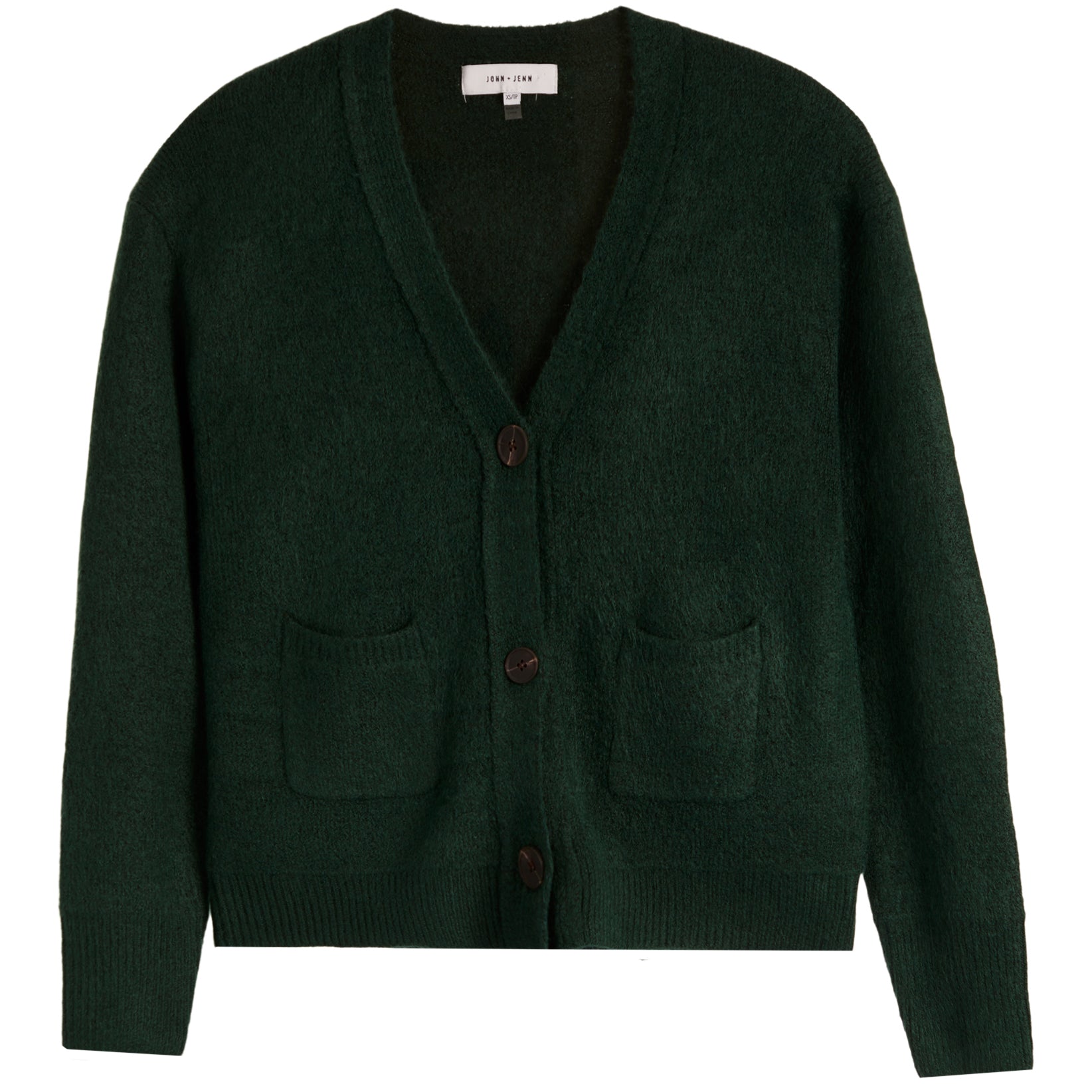 A green knit cardigan sweater with a V-neck, three-button front closure, and two front patch pockets, shown flat against a white background.