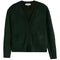A green knit cardigan sweater with a V-neck, three-button front closure, and two front patch pockets, shown flat against a white background.