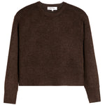 A dark brown long-sleeve knit sweater with a crew neck and ribbed cuffs and hem, shown flat against a white background.