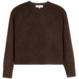 A dark brown long-sleeve knit sweater with a crew neck and ribbed cuffs and hem, shown flat against a white background.