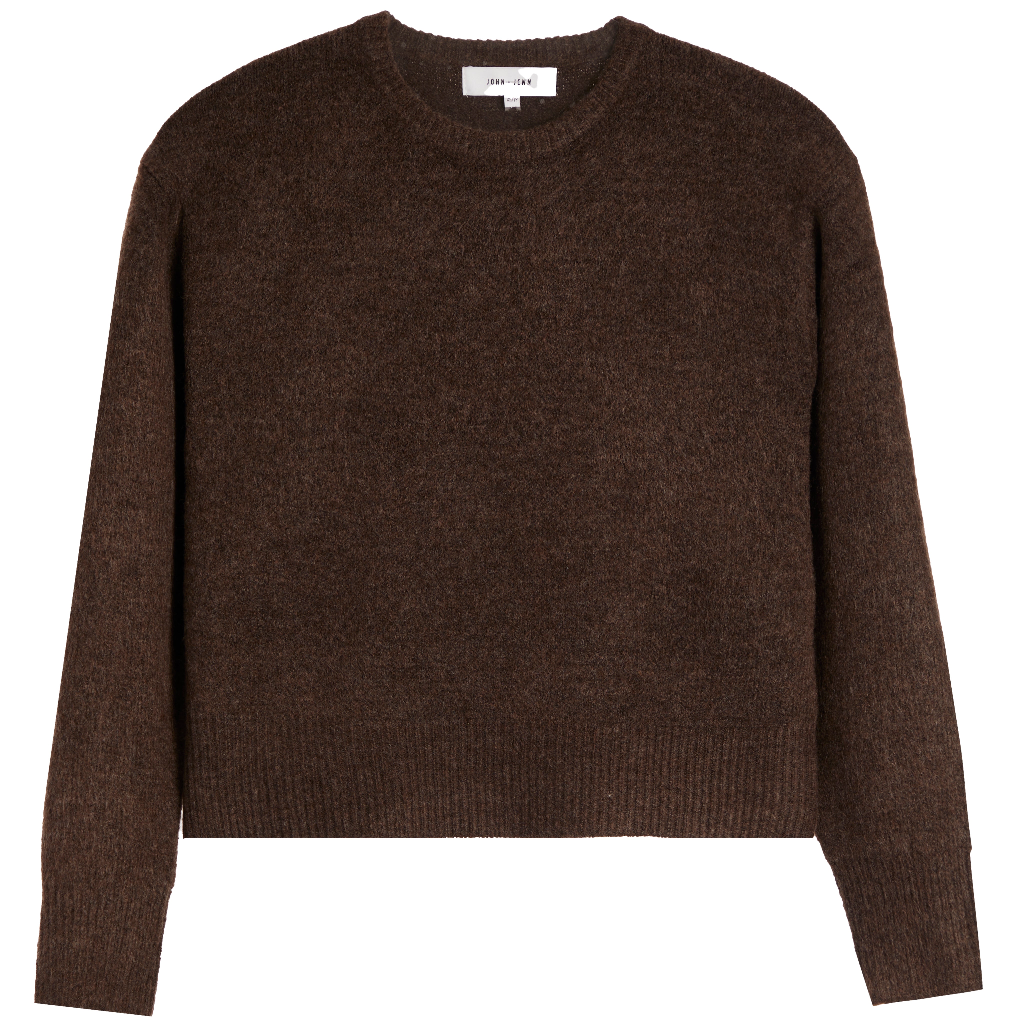 A dark brown long-sleeve knit sweater with a crew neck and ribbed cuffs and hem, shown flat against a white background.