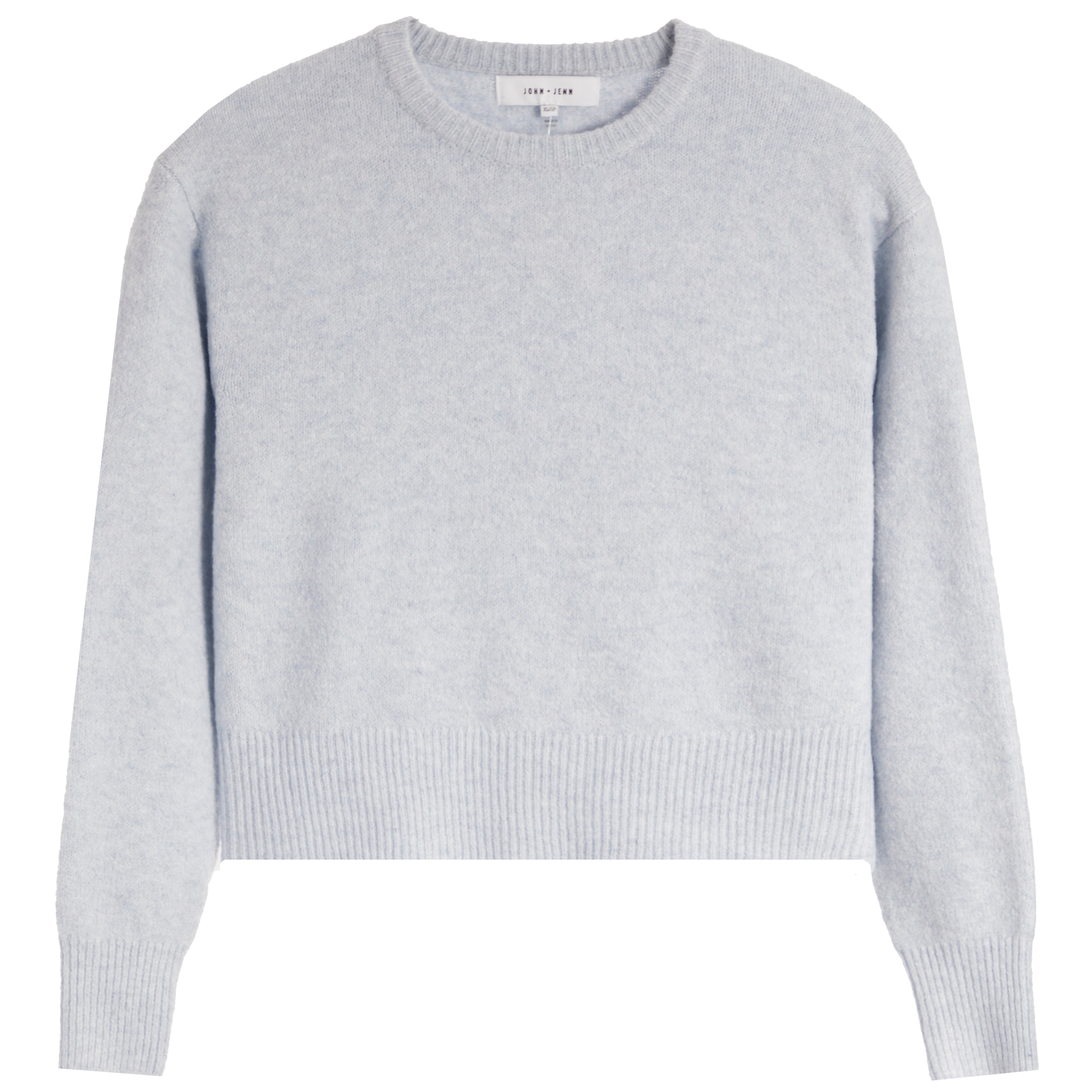 A light gray heather crewneck sweater with ribbed hem and cuffs, shown flat on a white background.