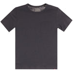 A dark charcoal gray short-sleeve crewneck t-shirt with a left chest pocket, shown flat against a white background.