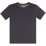 A dark charcoal gray short-sleeve crewneck t-shirt with a left chest pocket, shown flat against a white background.