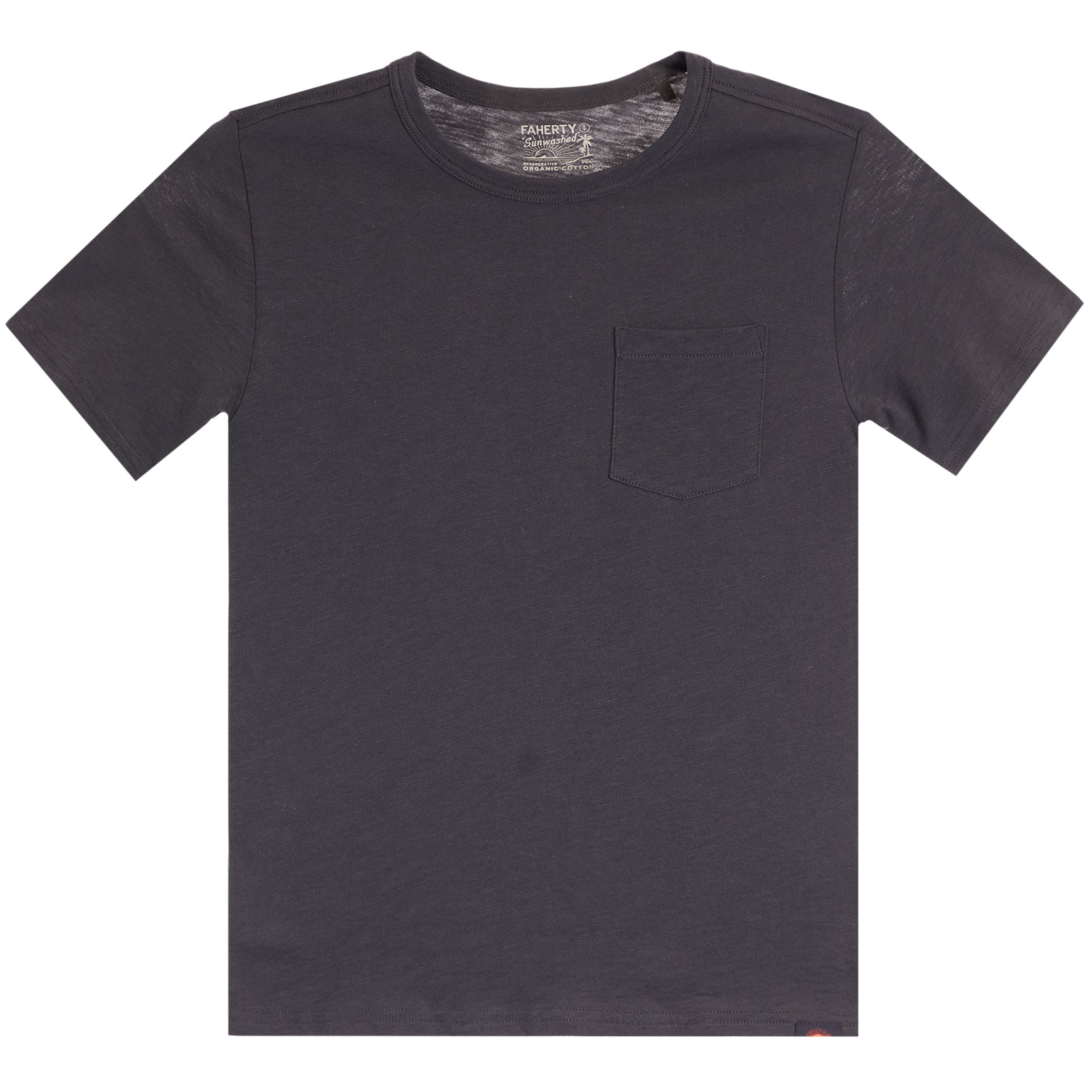 A dark charcoal gray short-sleeve crewneck t-shirt with a left chest pocket, shown flat against a white background.