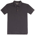 A dark charcoal gray short-sleeve polo shirt with a three-button placket, displayed flat against a solid white background.