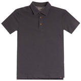 A dark charcoal gray short-sleeve polo shirt with a three-button placket, displayed flat against a solid white background.