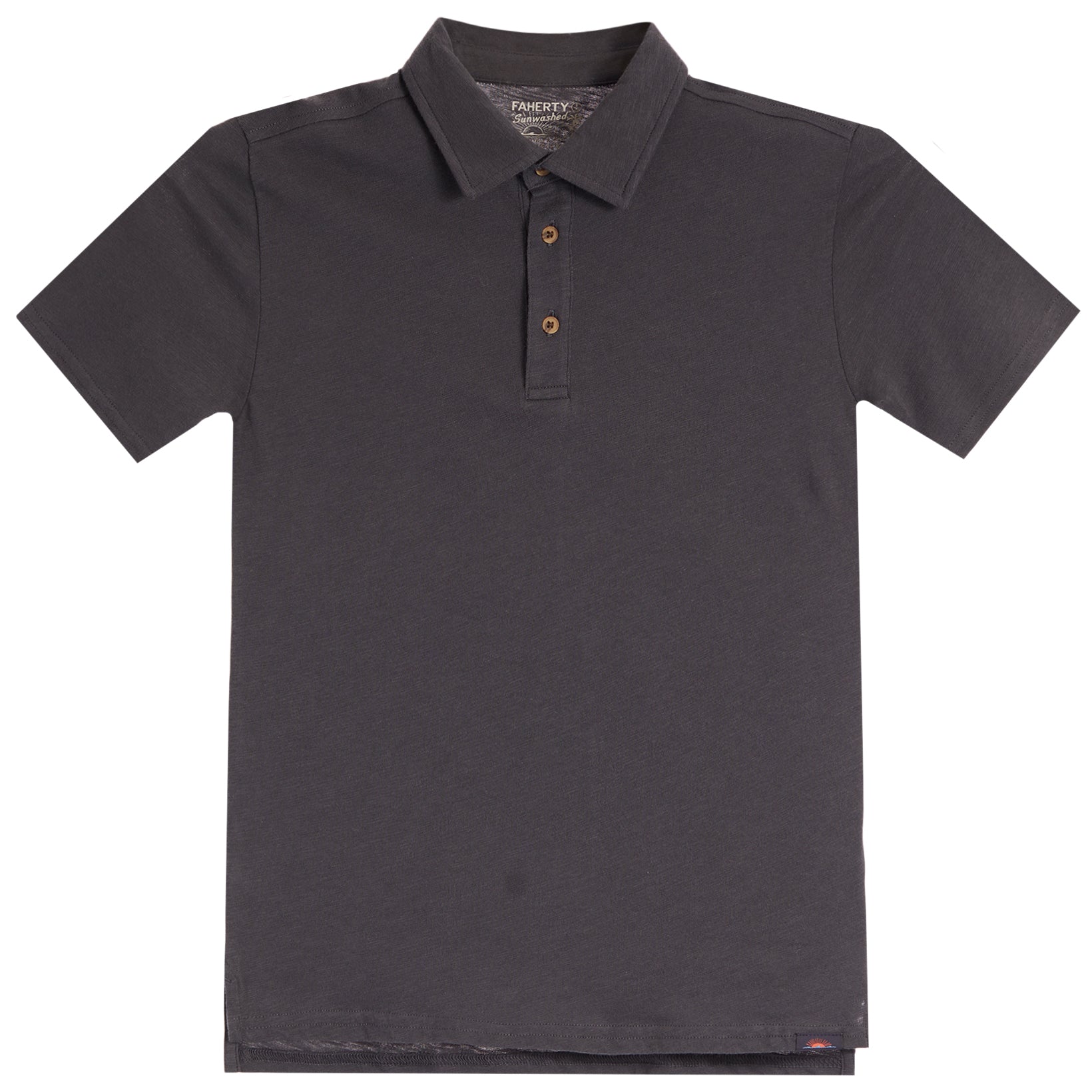 A dark charcoal gray short-sleeve polo shirt with a three-button placket, displayed flat against a solid white background.