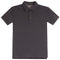 A dark charcoal gray short-sleeve polo shirt with a three-button placket, displayed flat against a solid white background.