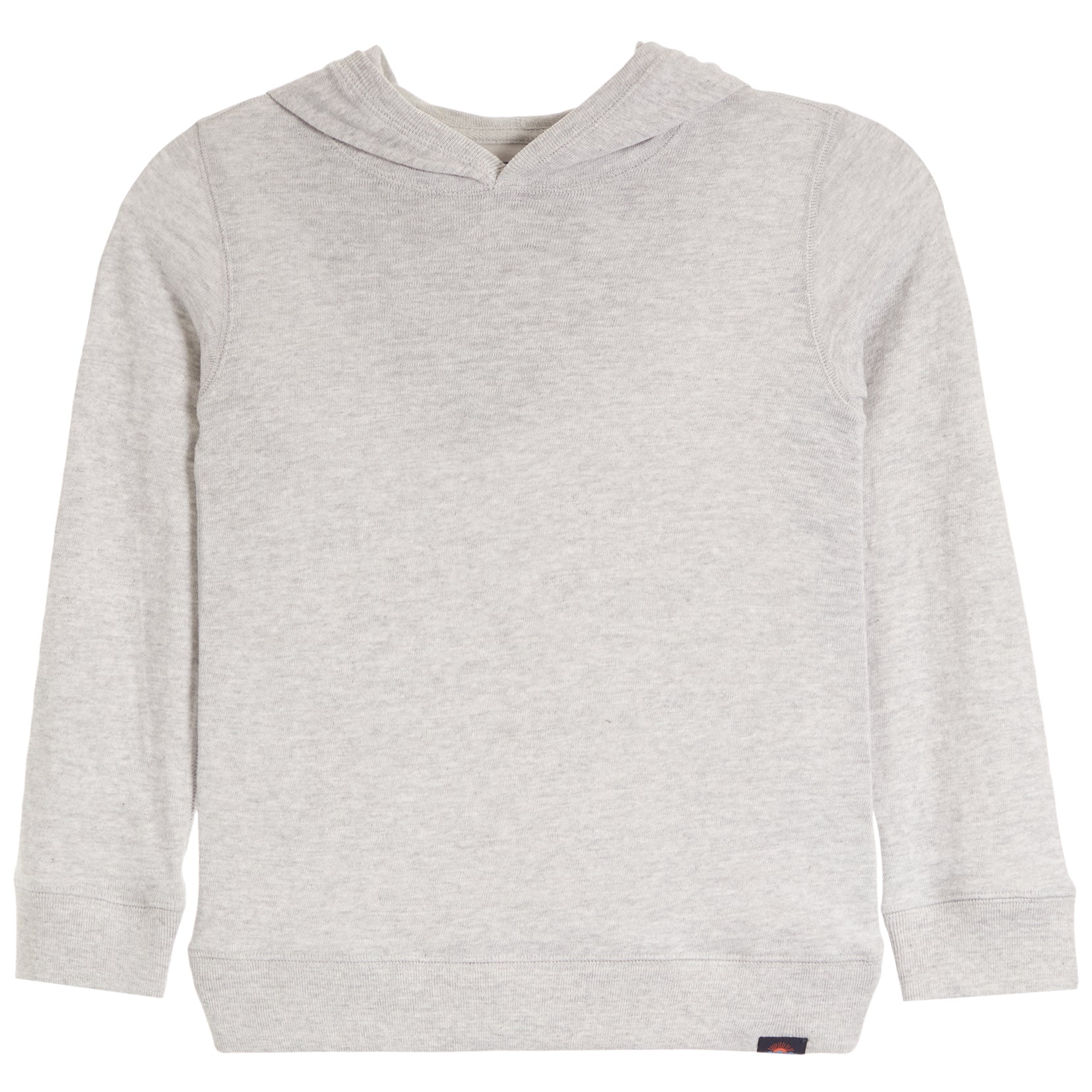 A light heather gray hooded sweatshirt with long sleeves and ribbed cuffs and hem, shown flat against a white background.