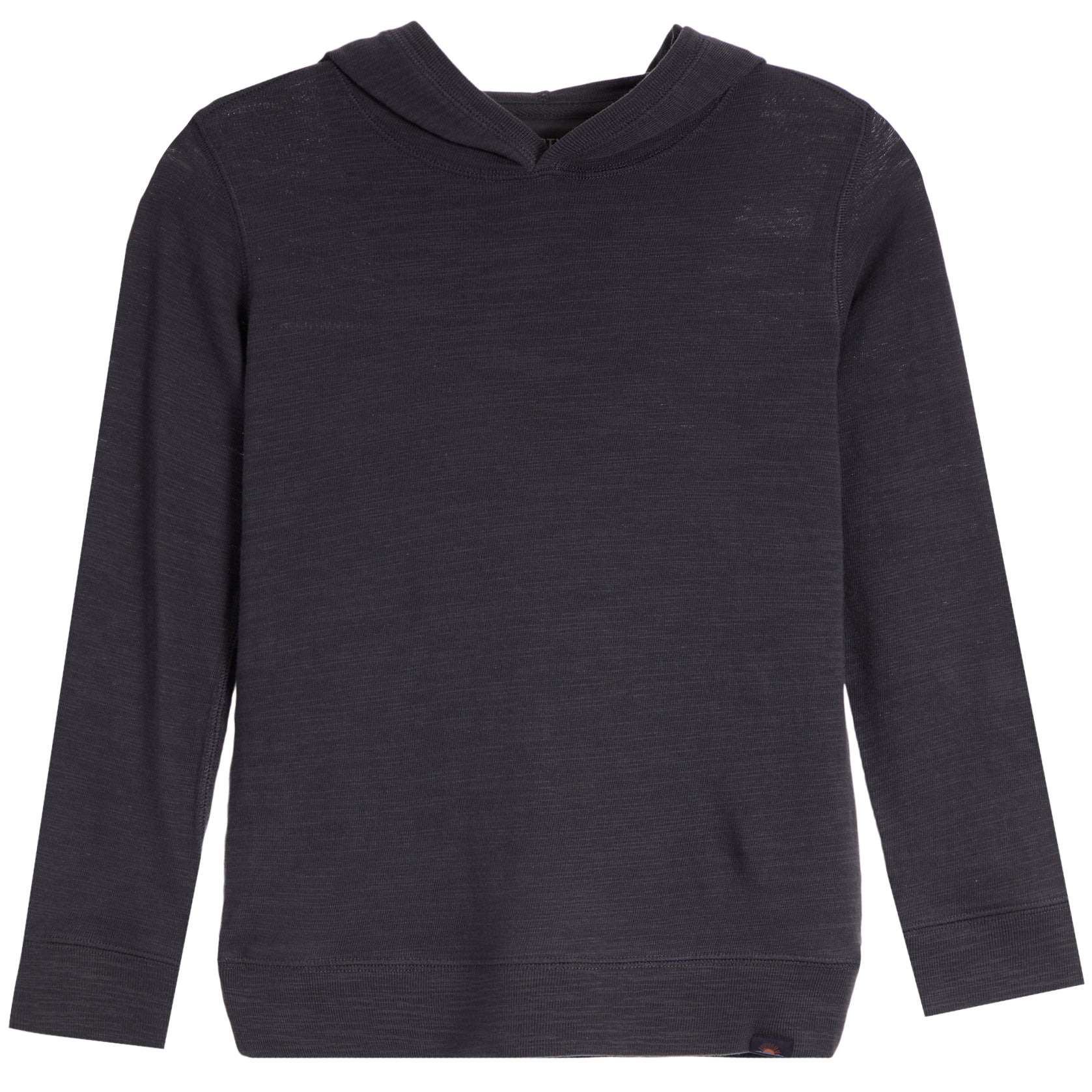 A dark charcoal gray long-sleeve pullover sweater with a wide collar, shown flat against a plain white background.