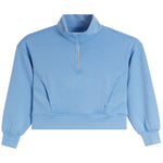 A light blue cropped quarter-zip sweatshirt with a mock neck, elastic cuffs, and side seam details, shown on a plain white background.