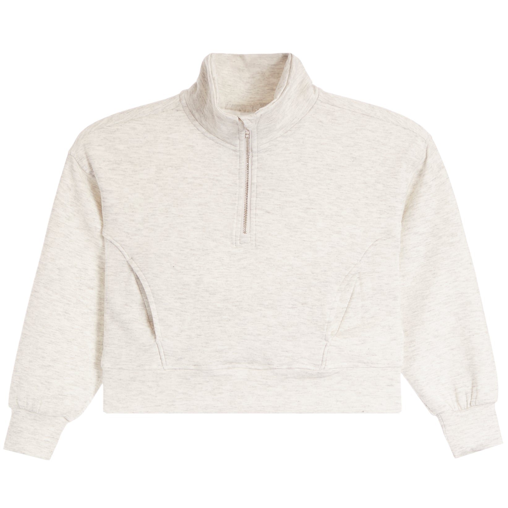 A light beige heathered quarter-zip pullover sweatshirt with a mock neck, displayed flat against a solid white background.