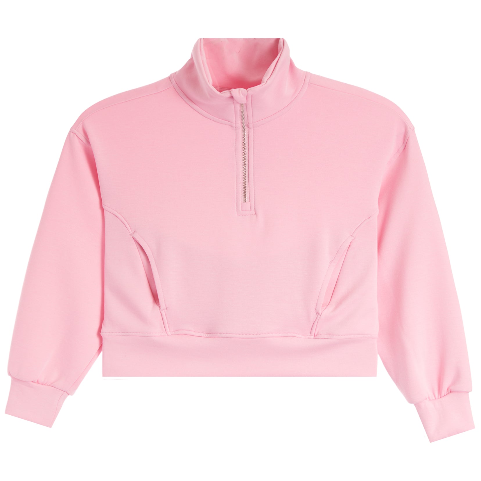 A light pink cropped long-sleeve quarter-zip sweatshirt with a mock neck collar, displayed on a clean white background.