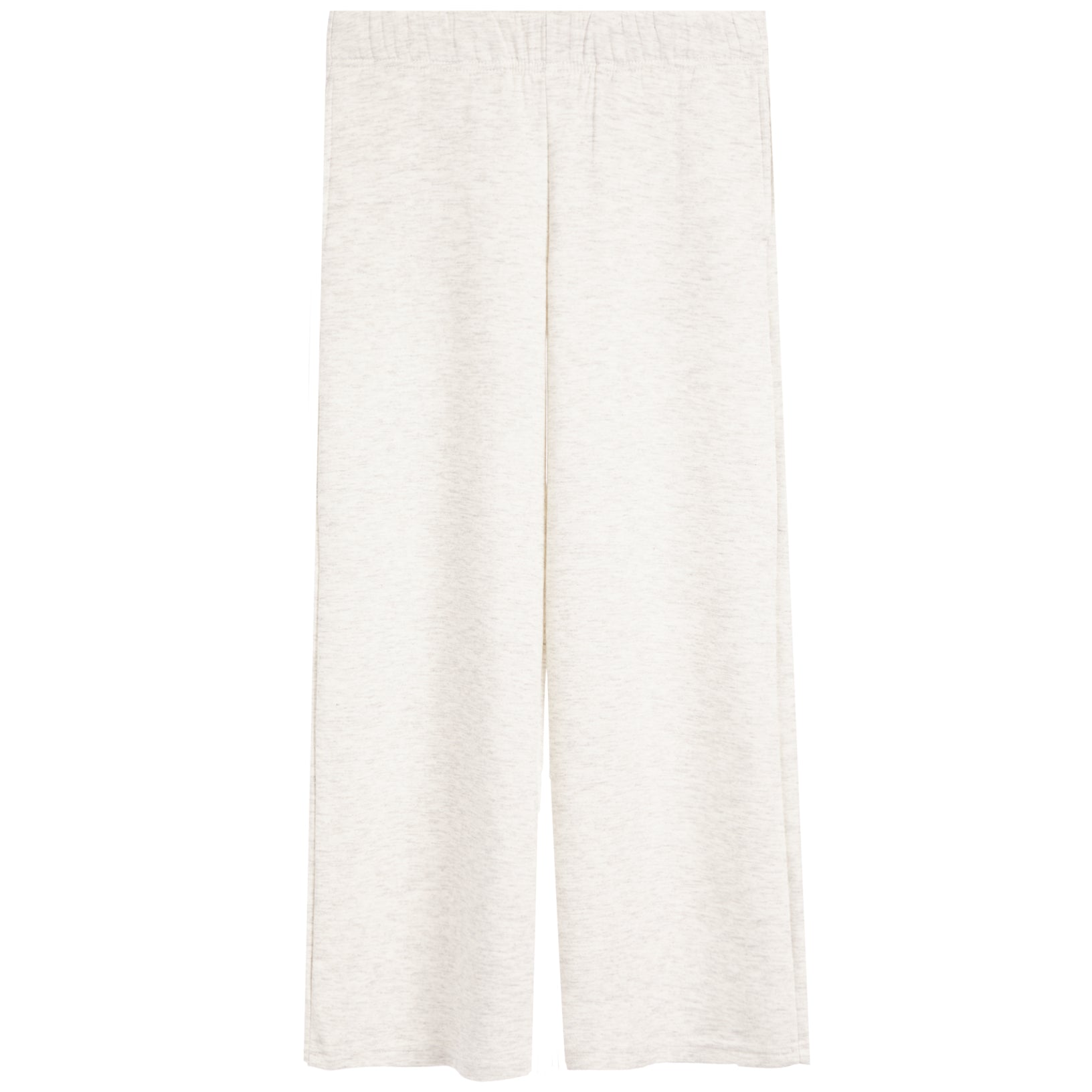 A pair of wide-leg sweatpants in a light heathered cream or off-white fabric, shown flat against a solid white background.