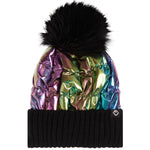 metallic puffer hat with pom