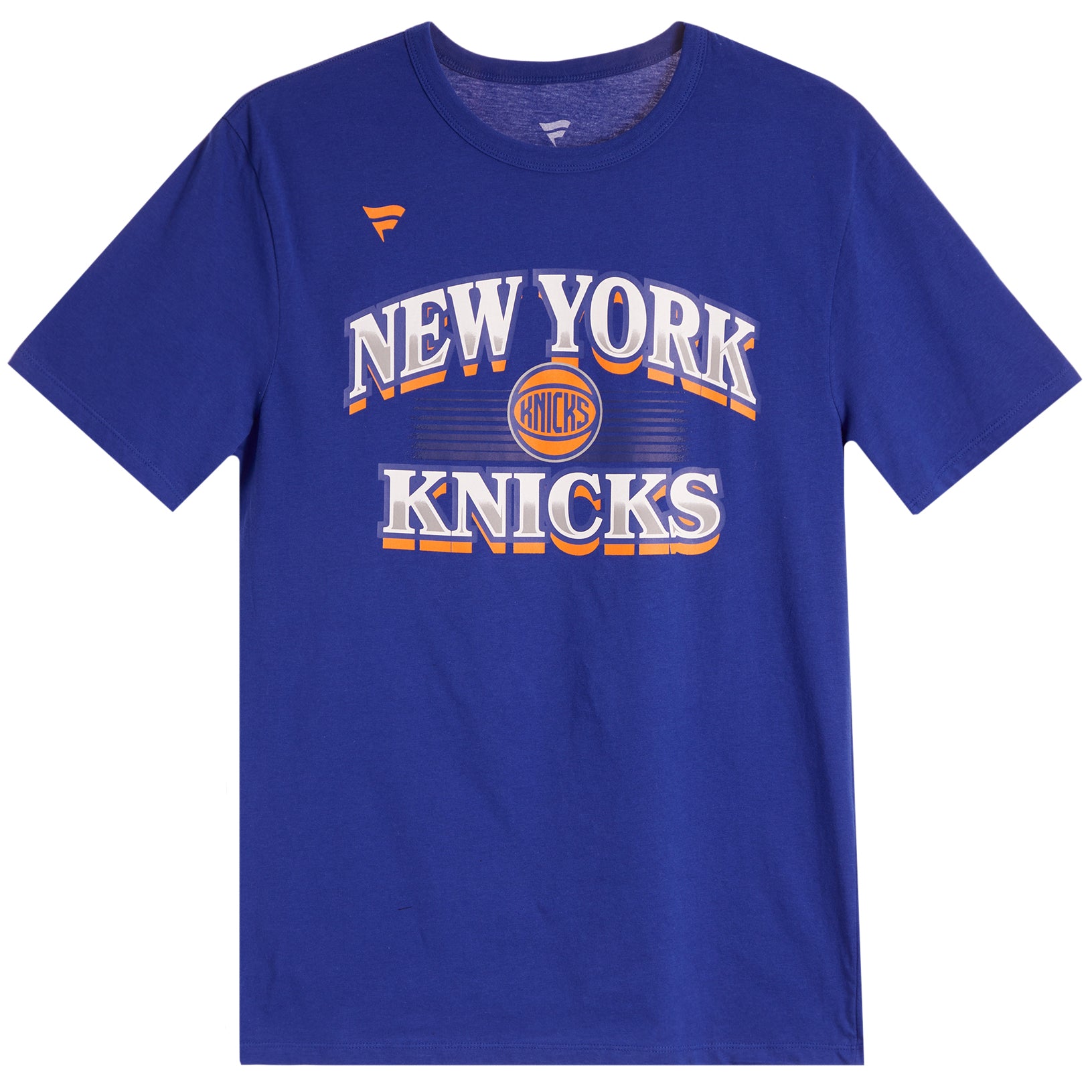A royal blue short-sleeve t-shirt featuring 'NEW YORK KNICKS' printed in white and orange arched text across the chest, with a basketball graphic in the center and a small orange logo on the left chest.