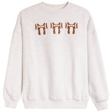 A light heather gray crewneck sweatshirt featuring three brown ribbon-bow motifs across the chest, displayed on a clean white background.