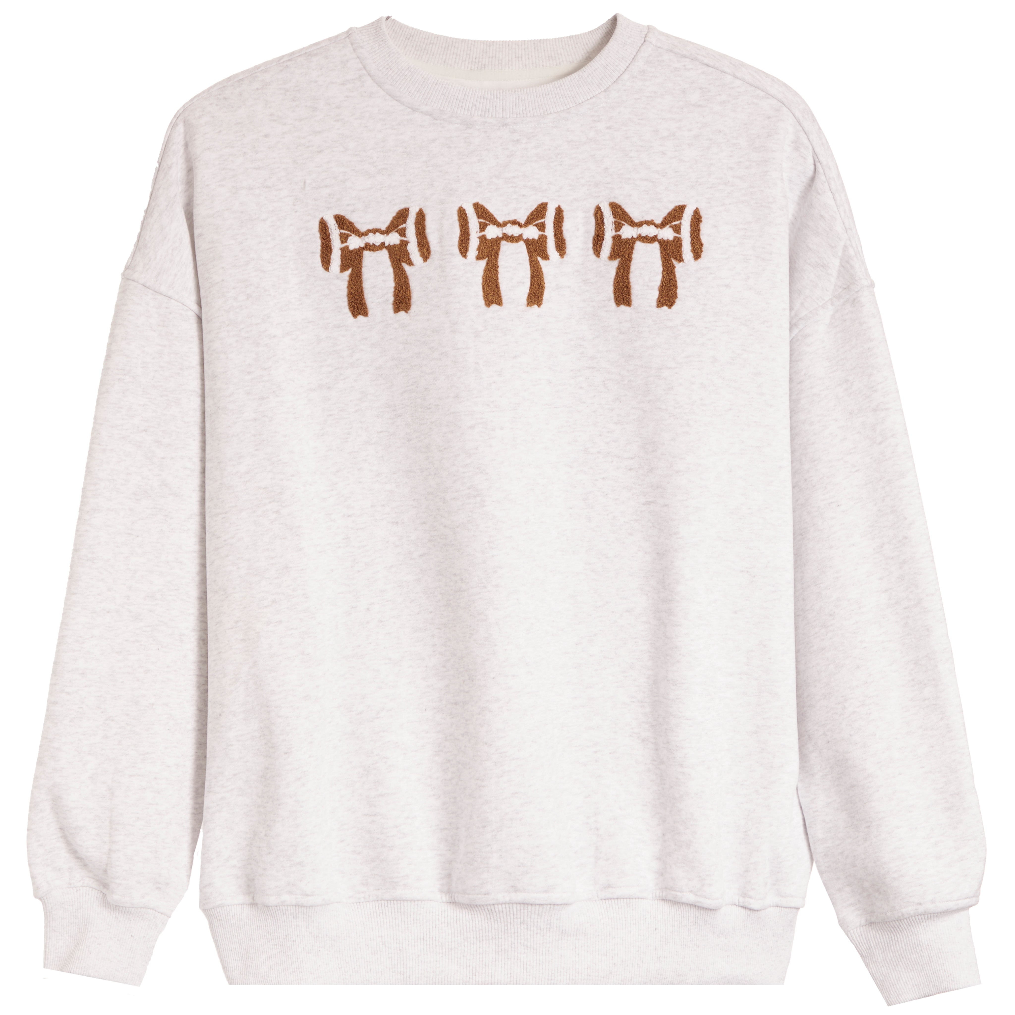 A light heather gray crewneck sweatshirt featuring three brown ribbon-bow motifs across the chest, displayed on a clean white background.