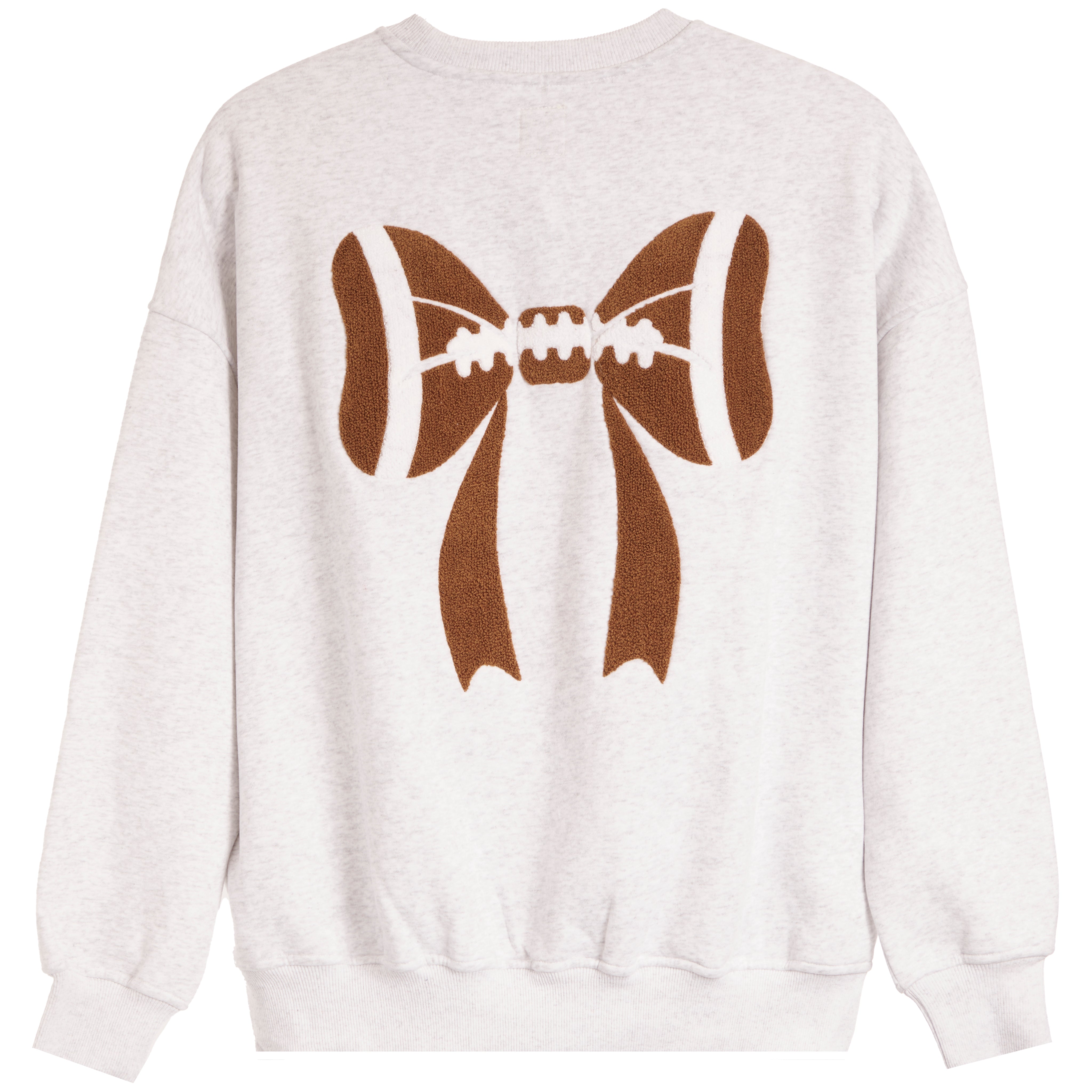 A light heather gray crewneck sweatshirt featuring a large brown graphic of a football tied in a bow on the back.