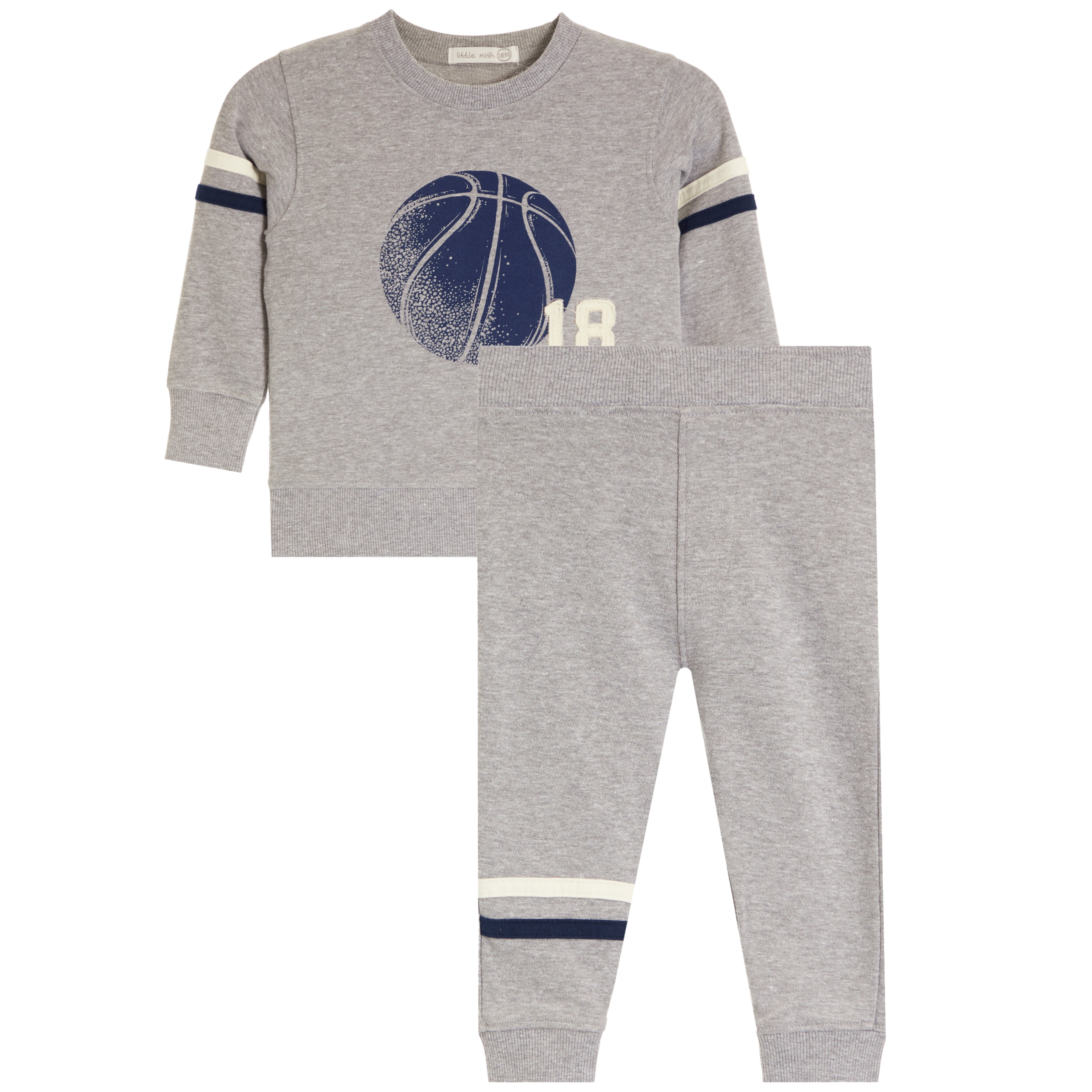 A two-piece kids' set in heather gray, featuring a long-sleeve sweatshirt with a navy blue basketball graphic, cream and navy stripes on the sleeves, and a matching pair of jogger pants with navy and cream stripes near the cuffs.