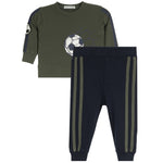 A two-piece kids' outfit set featuring an olive green long-sleeve sweatshirt with a soccer ball graphic and navy blue pants with olive green side stripes, shown on a plain white background.