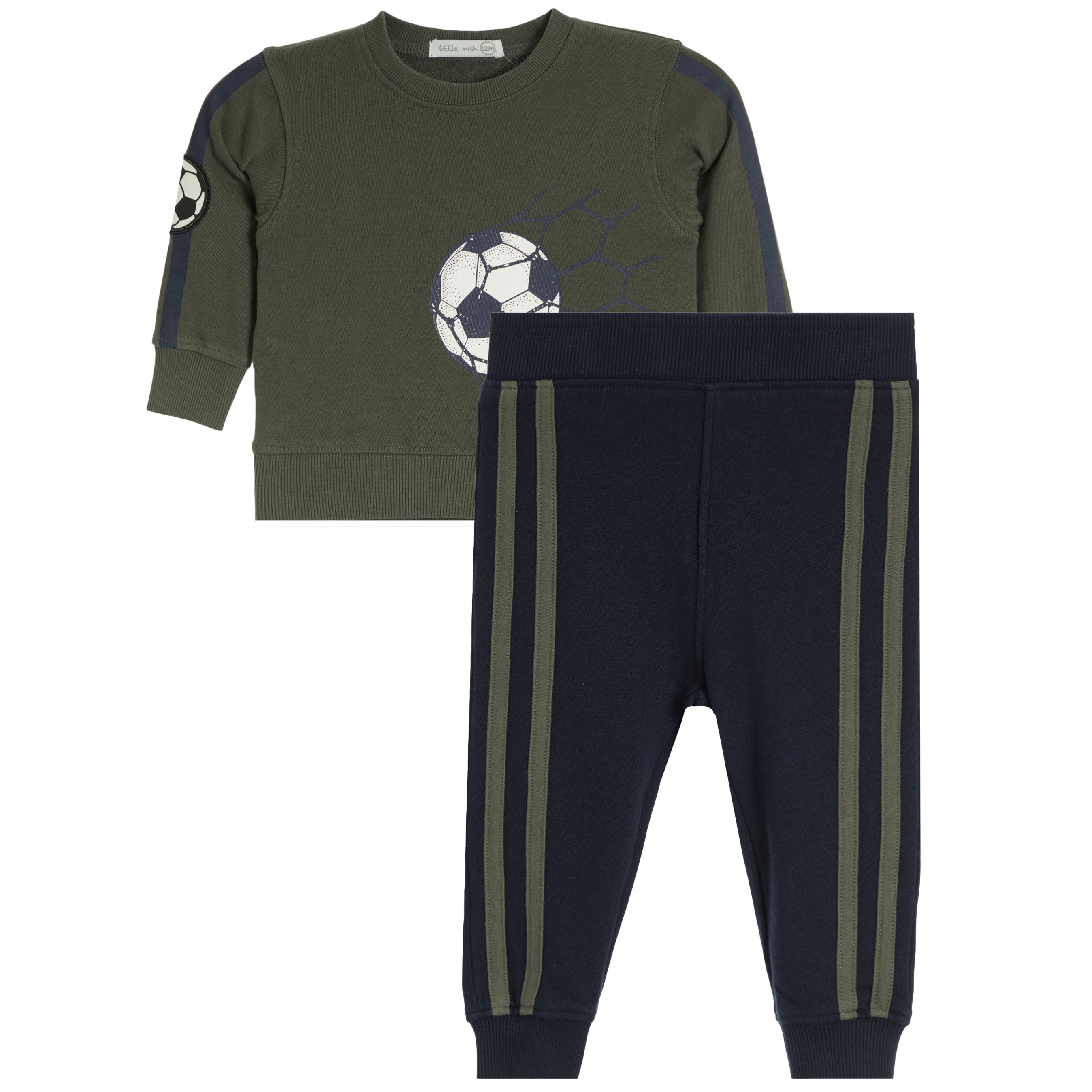 A two-piece kids' outfit set featuring an olive green long-sleeve sweatshirt with a soccer ball graphic and navy blue pants with olive green side stripes, shown on a plain white background.