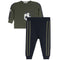 A two-piece kids' outfit set featuring an olive green long-sleeve sweatshirt with a soccer ball graphic and navy blue pants with olive green side stripes, shown on a plain white background.