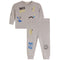 A toddler boy's two-piece heather gray pajama set featuring a long-sleeve top and matching pants with colorful rock-and-roll graphics including 'ROCK STAR' and 'ROCK N ROLL' text, stars, lightning bolts, and a smiley face.