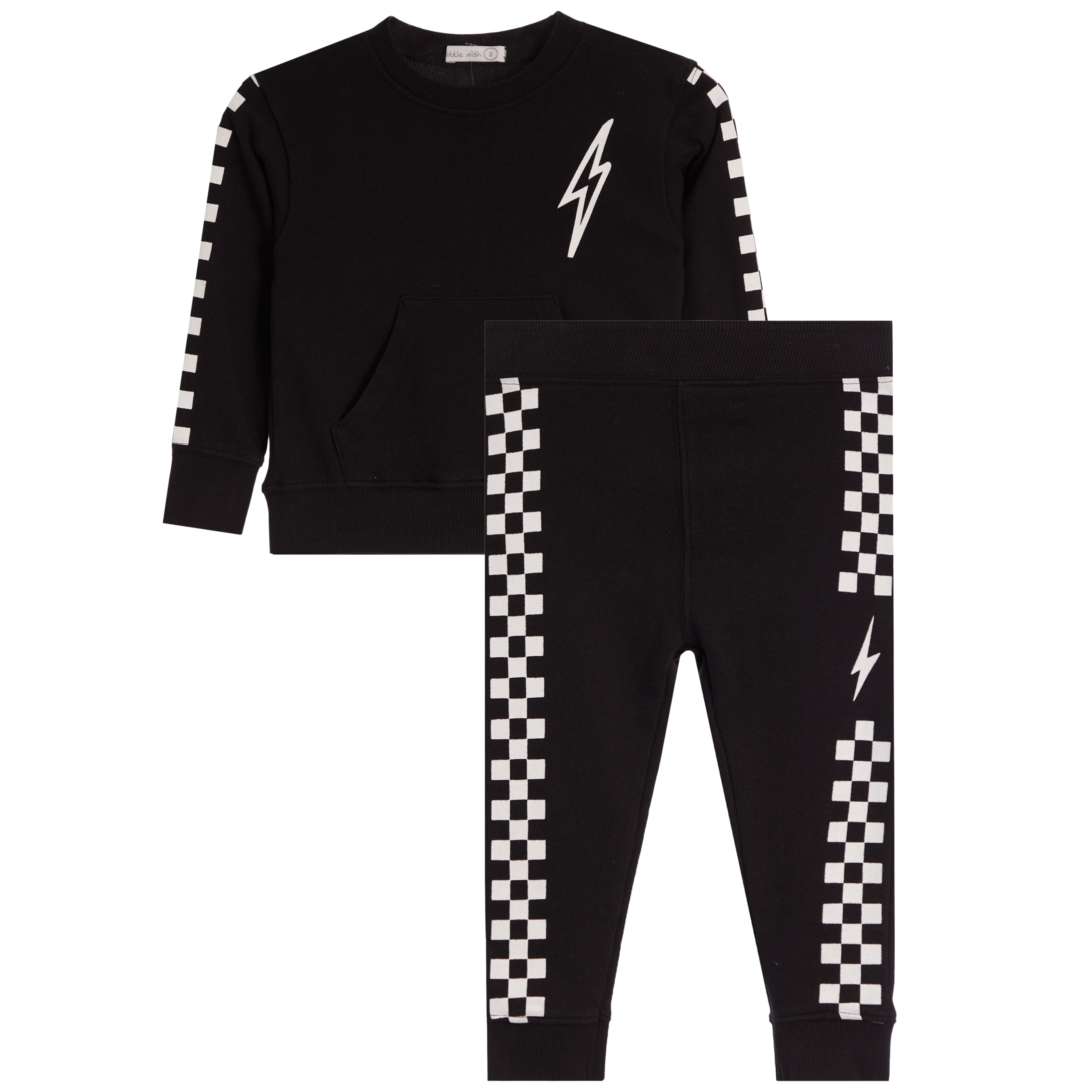 A two-piece kids' outfit set consisting of a black long-sleeve sweatshirt and matching jogger pants, both featuring a white lightning bolt graphic and a black-and-white checkered stripe down the sleeve and leg.