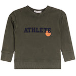 kids' sweatshirt in a olive color. The sweatshirt features the text 'ATHLETE' in navy blue with a small basketball graphic